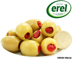 EREL Оливки фаршированные красным перцем калибровка 4XL (141-160 шт/кг) 500 гр расфасовка