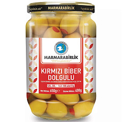 MARMARABIRLIK Оливки фаршированные красным перцем 400 гр калибровка 4XL-3XL (141-180 шт/кг)